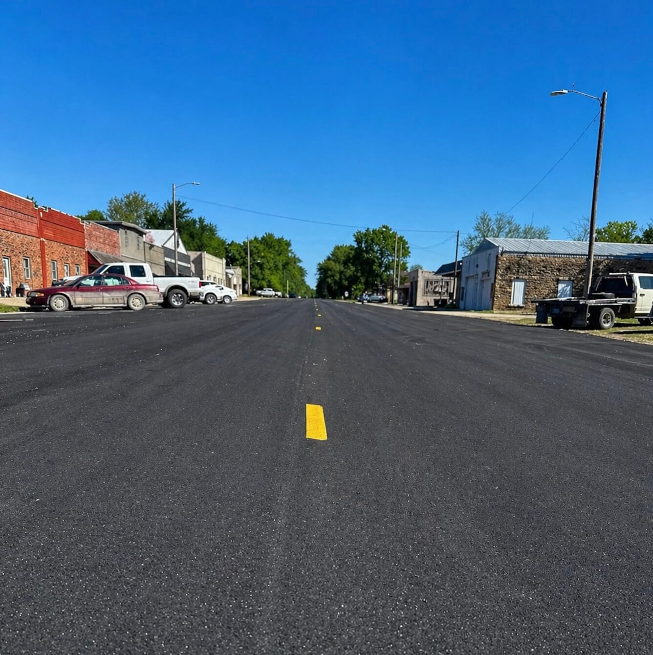Freshly completed Main Street in Maple Hill, Kansas following Shilling Construction's roadway improvement project.