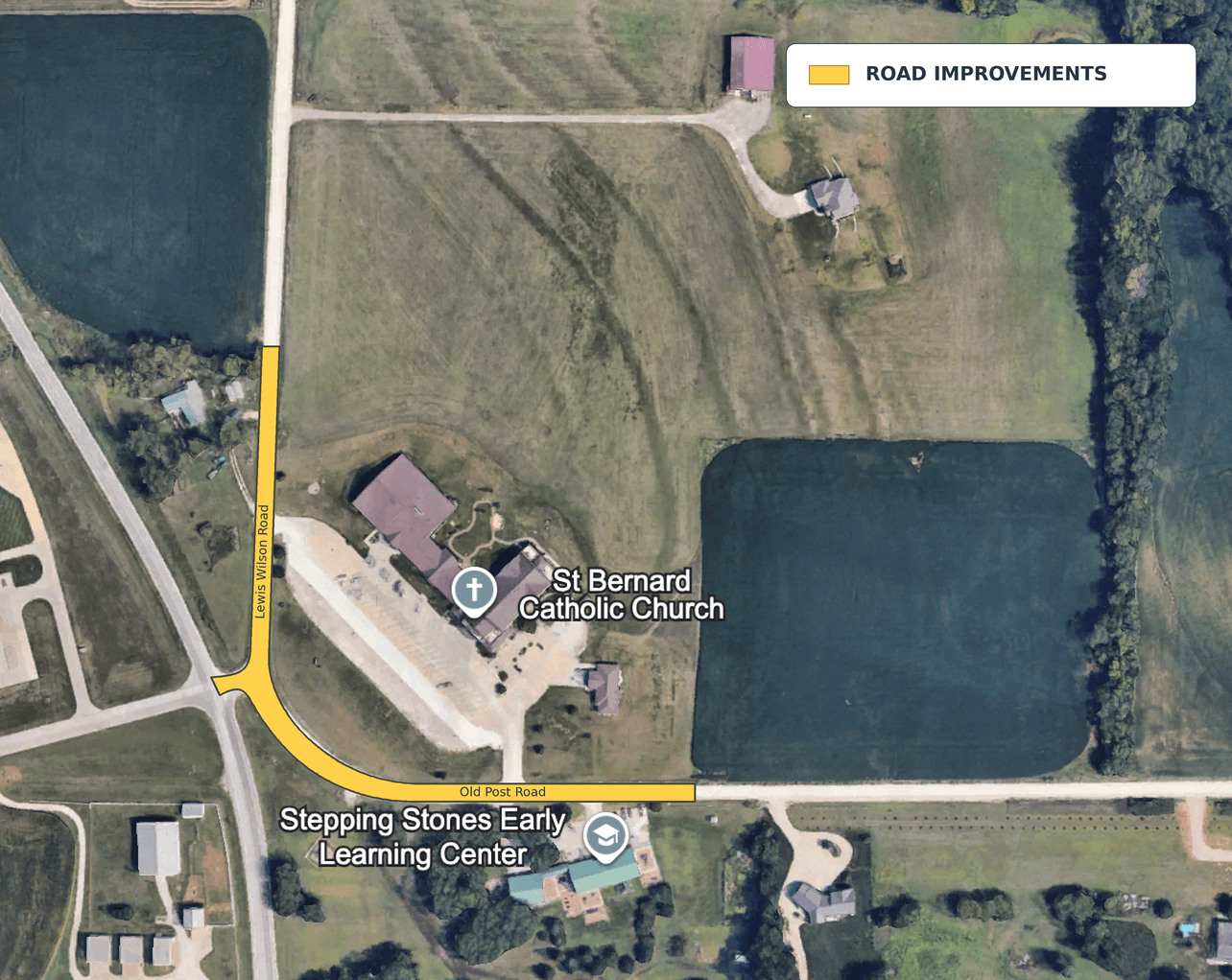 Map highlighting road improvements on Old Post Road and Lewis Wilson Road near St. Bernard Catholic Church and Stepping Stones Early Learning Center in Wamego